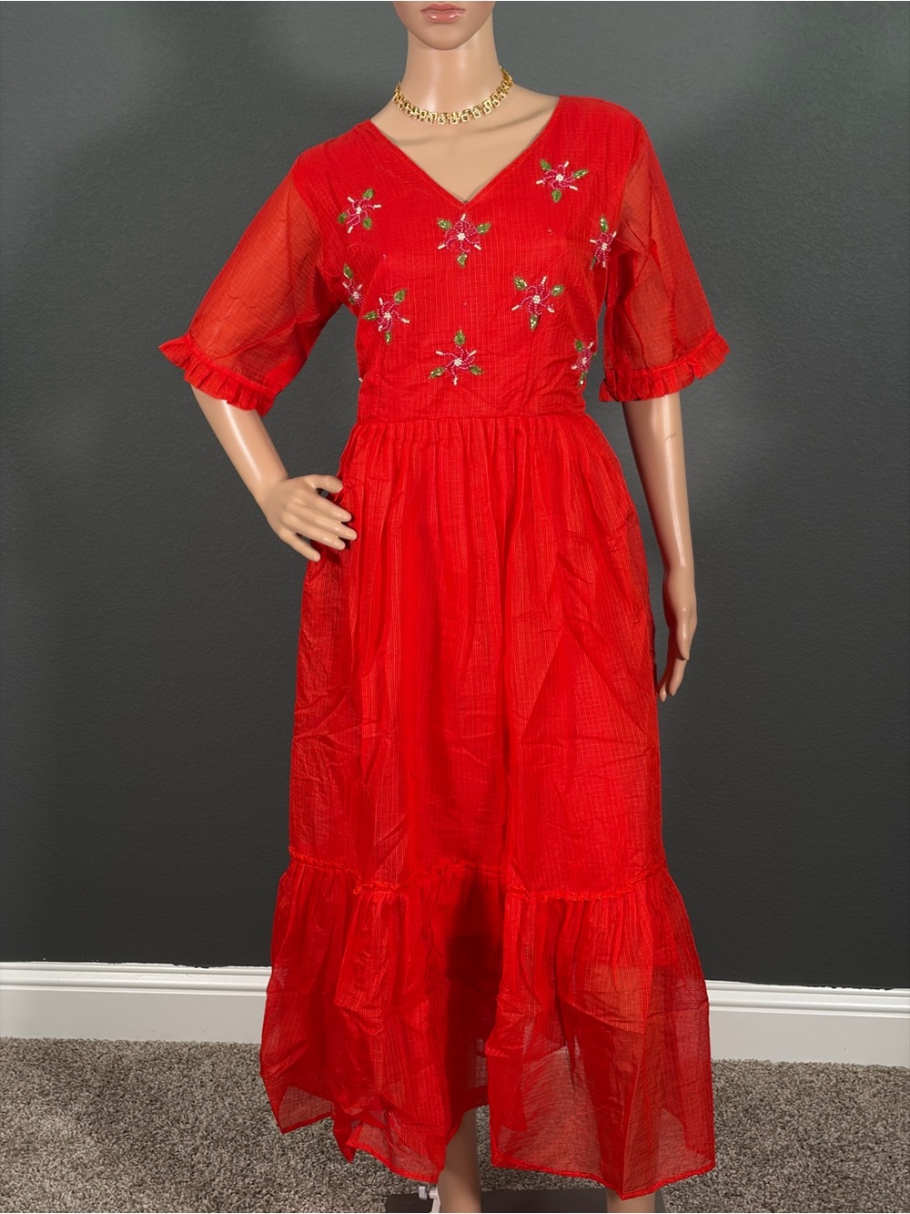 Red V-Neck Embroidered Midi Dress